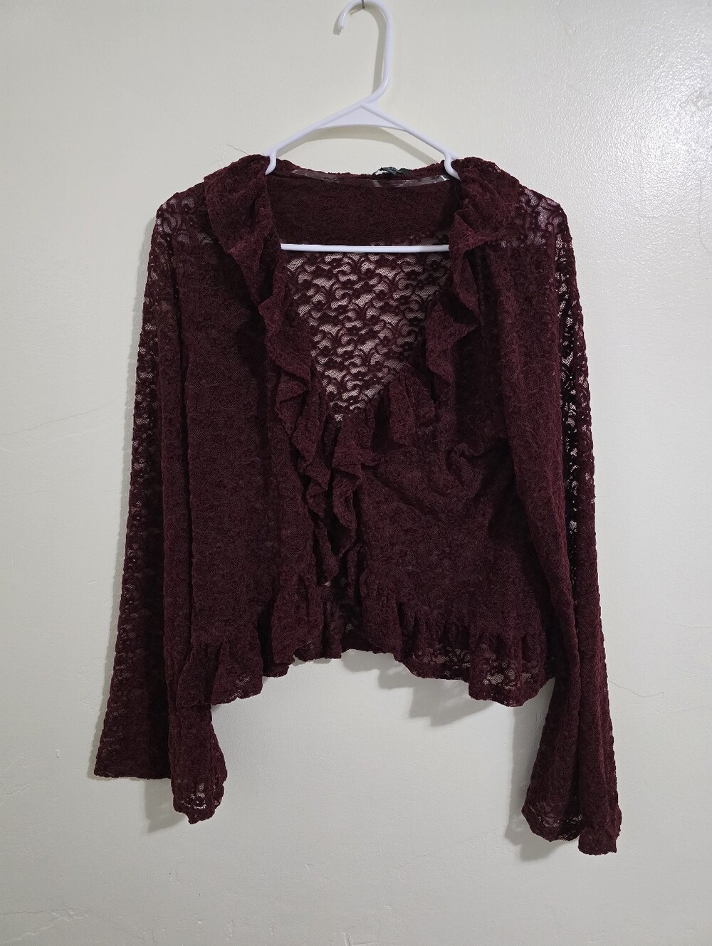 Wild Fable Maroon Ruffle Flare Sleeve Sheer Lace Cardigan Top Size L Whimsigoth